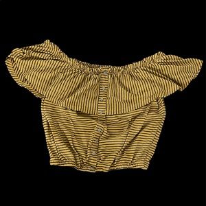 Yellow off the shoulder belly shirt.